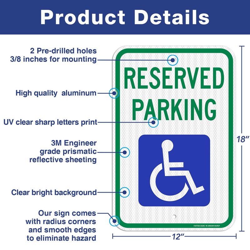 Faittoo (2 Pack) Reserved Handicap Parking Sign with Wheelchair Picture, 18 x 12 Engineer Grade Reflective Sheeting, Rust Free Aluminum, Weather Resistant, Waterproof, Durable Ink - Image 2